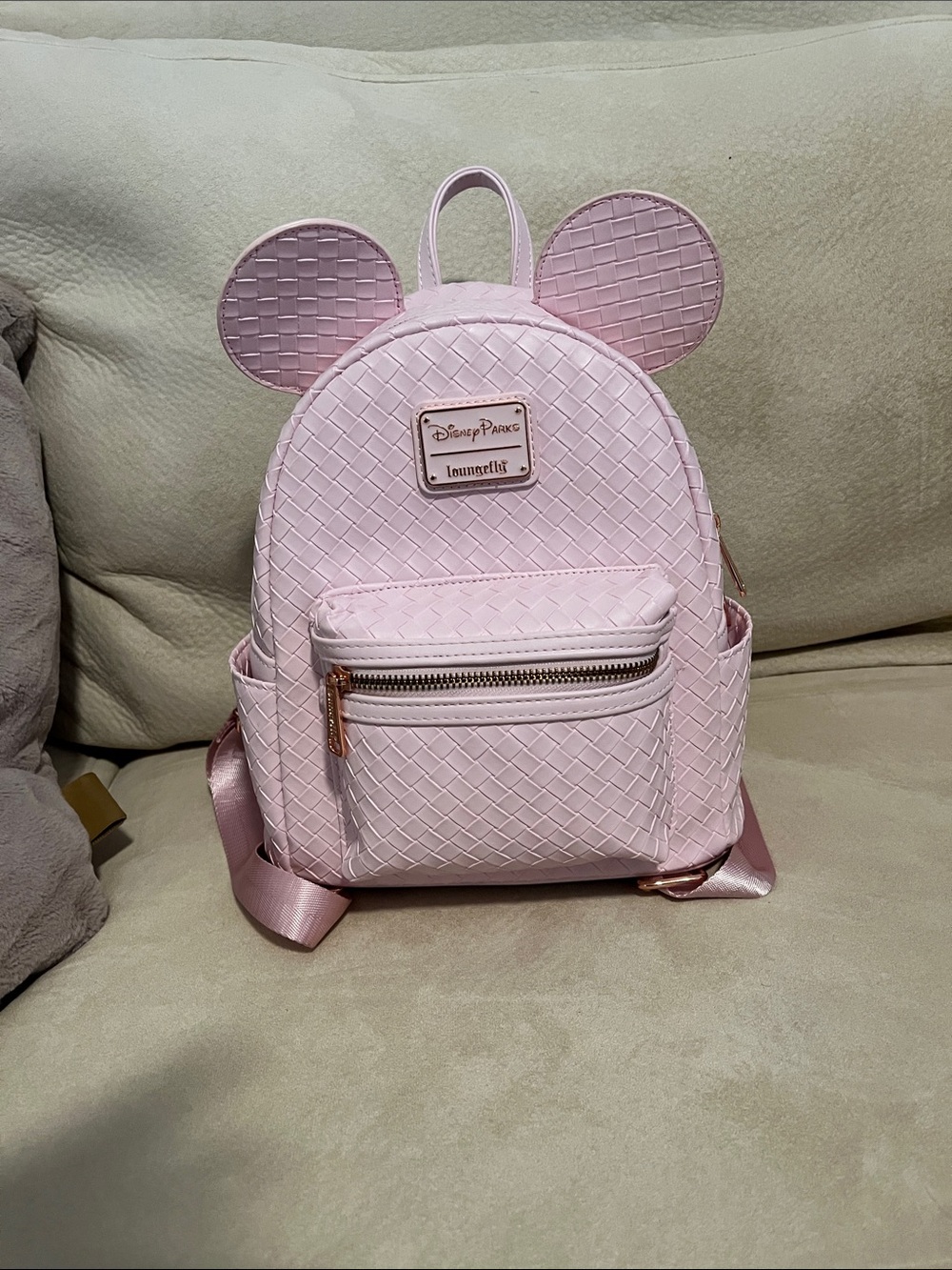 Disney Loungefly Intrecciato Crosshatch Woven Minniie Ears Pink Backpack